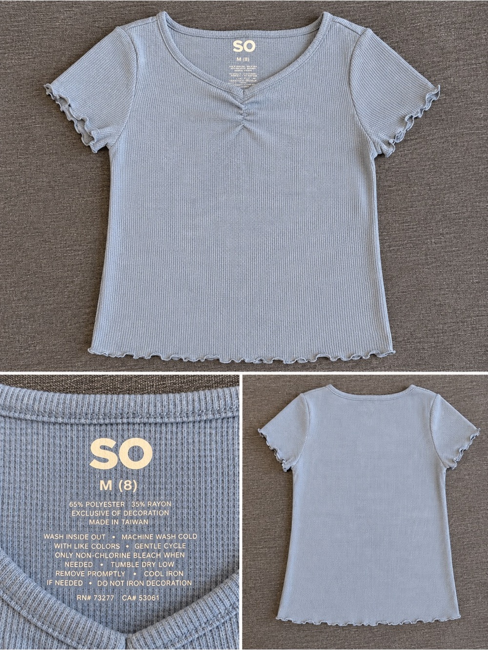 SO Light Blue Ribbed Short Sleeve Lettuce-Edge Tee